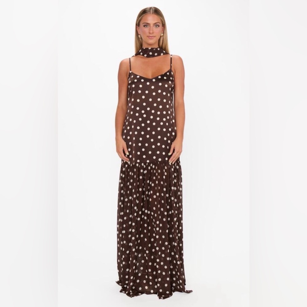 Show Me Your Mumu Dalia Maxi Dress in Chocolate Brown Polka Dot XS